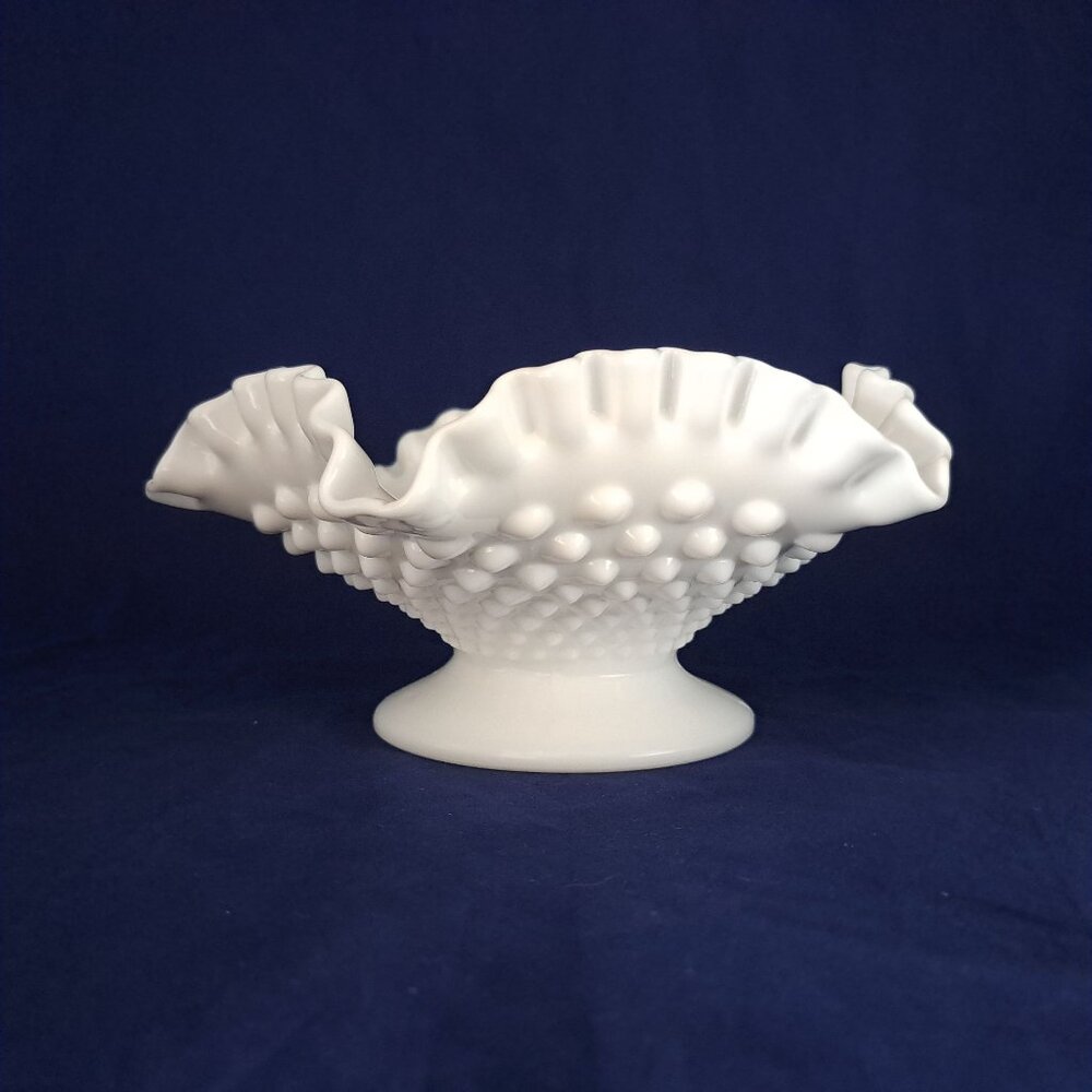 White Fenton Milk Glass Hobnail Ruffled Edge Compote Bowl